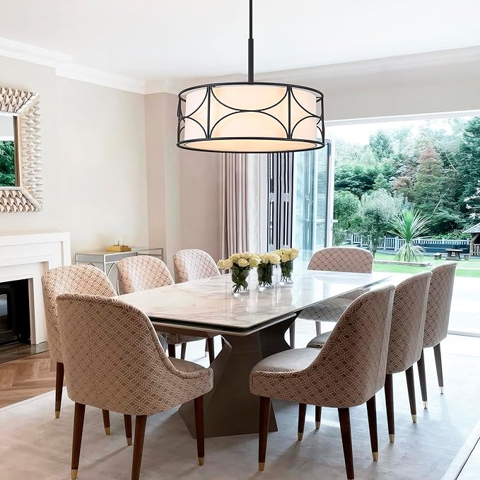 20" Drum Chandelier - Large Black Dining Room Light Fixtures 5-Lights Modern White Fabric Chandelier Farmhouse Drum Pendant Light Fixtures for Kitchen Island Living Room
