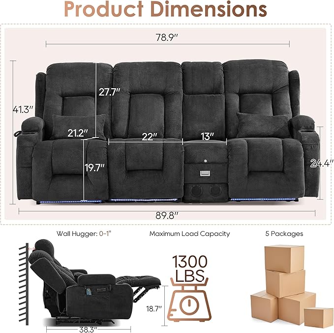 TUNYI Wall Hugger Loveseat Recliner Sofa with Console, Power Reclining Loveseat RV Couch with Massage & Heat/USB/Outlet/Storage/LED Light/Speaker (Dark Grey, 4 Seat)