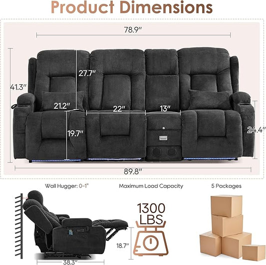 TUNYI Wall Hugger Loveseat Recliner Sofa with Console, Power Reclining Loveseat RV Couch with Massage & Heat/USB/Outlet/Storage/LED Light/Speaker (Dark Grey, 4 Seat)