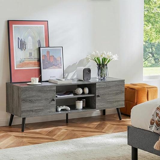 Sweetcrispy TV Stand for 55 60 inch TV, Modern Mid Century Entertainment Center with Storage, Media Console Table 2 Cabinet, Soft Hinge, Handle Door, Wooden Living Room, Office Furniture, Grey