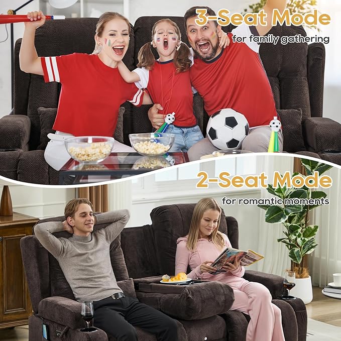 IPKIG Power Recliner Sofa with Flip-Up Backrest Console, USB & USB-C Ports, AC Outlet, LED Lights, Wall Hugger Recliners for Living Room, RV (Dark Brown, 67" - 3 Seat) | Velvet Fabric, Zero Gravity, Dual Reclining, 2 Lumabr Pillow, Bluetooth Speakers