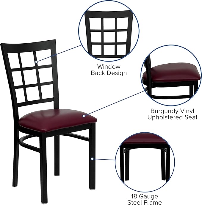 Flash Furniture 4 Pack HERCULES Series Black Window Back Metal Restaurant Chair - Burgundy Vinyl Seat