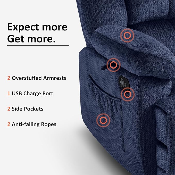 MCombo Zero Gravity Power Recliner Sofa with Drop Down Table, Heat and Vibration Massage, 3 Seater Dual Reclining Couch with USB Ports, Cup Holders for Living Room, Fabric RS6236 (Navy Blue)