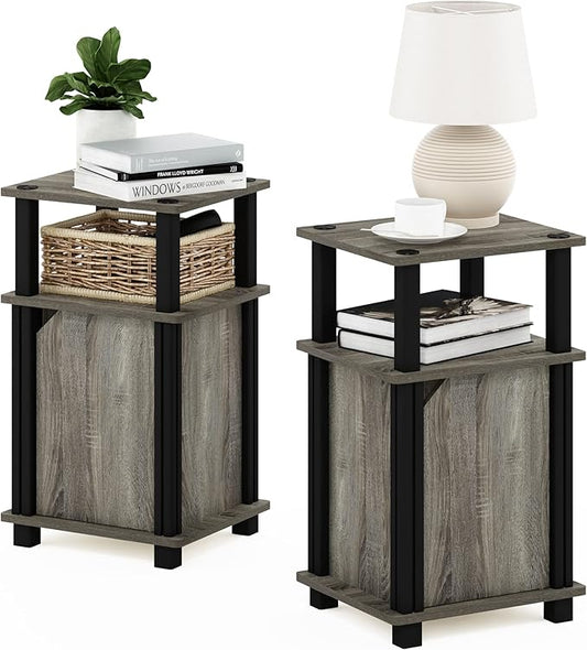 Furinno Brahms 3-Tier End Side Sofa Table/Nighstand with Door, 2-Pack, French Oak/Black