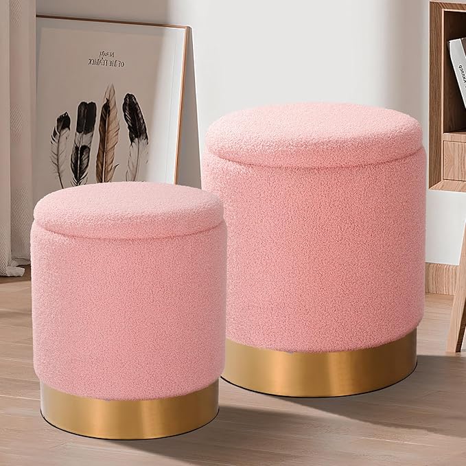Sherpa Round Ottoman Set of 2 with Storage, 12 Gallon Hidden Storage Ottoman, Multi-Functional Footrest Stool, Vanity Seat, Coffee Table, No Assembly Required, Holds 300lbs (Teddy Pink)