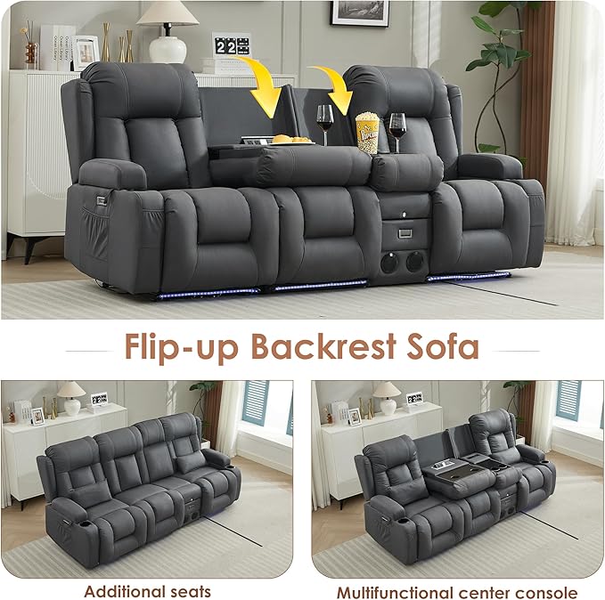 TUNYI Wall Hugger Loveseat Recliner Sofa with Console, Power Reclining Loveseat RV Couch with Massage & Heat/USB/Outlet/Storage/LED Light/Speaker (Blue, 4 Seat)