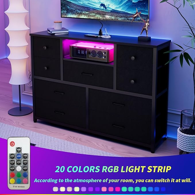 Dresser for Bedroom with 9 Drawers, Black Storage Organizer TV Stand for 55" TV with LED Lights and Sockets, Fabric Chest of Drawers with PU Finish for Kid Room, Entryway, Living Room, Hallway