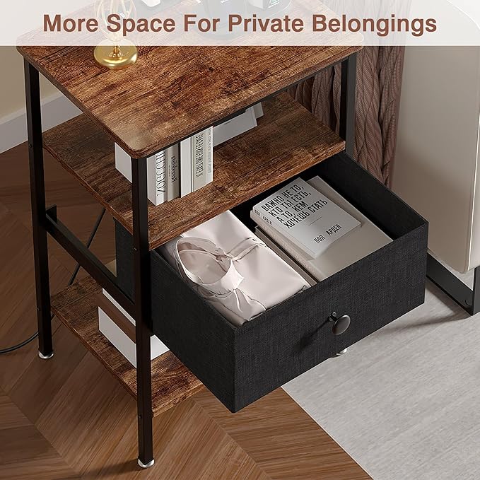 VECELO Bedside Tables Set of 2 with Charging Station,End Tables with Storage Shelf&Fabric Drawer,Bedside Tables for Bedroom,Living Room,Small Spaces,Brown