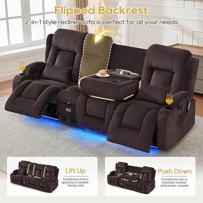 IPKIG Power Recliner Sofa with Flip-Up Backrest Console, USB & USB-C Ports, AC Outlet, LED Lights, Wall Hugger Recliners for Living Room, RV (Dark Brown, 89" - 4 Seat) | Velvet Fabric, Zero Gravity, Dual Reclining, 2 Lumabr Pillow, Bluetooth Speakers