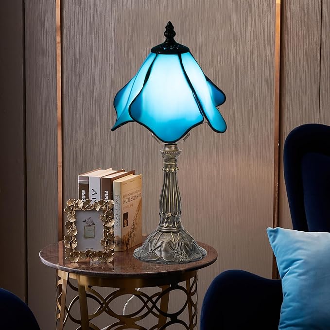 Tiffany Table Lamp,3 Color-Temperature Flowers Stained Glass Lamp,8 Inch Tiffany Style Lamp for Bedroom Living Room Home, Handcrafted Light, Included Bulb (Blue)