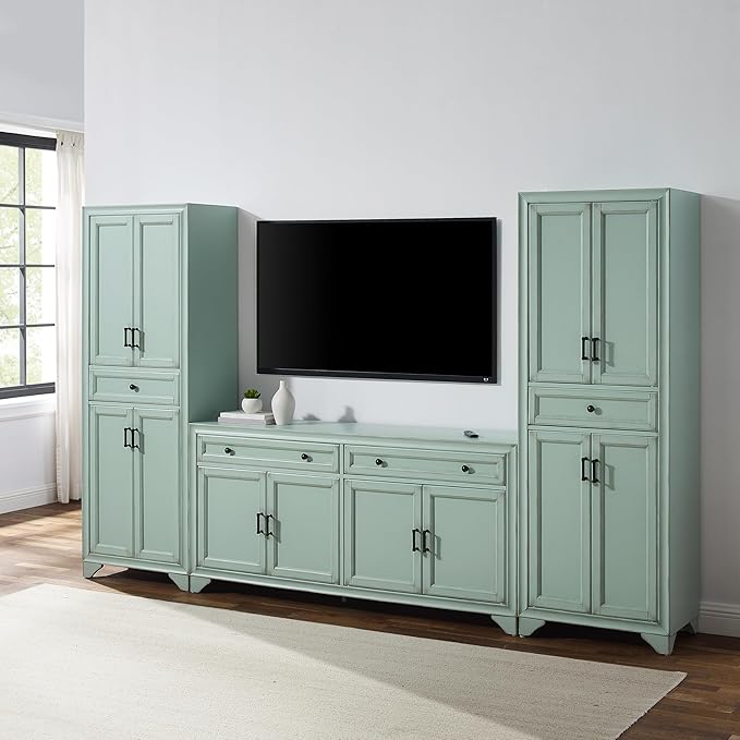 Crosley Furniture Tara 3-Piece Modern Farmhouse Sideboard Buffet Cabinet and Kitchen Storage Pantry Set, Distressed Seafoam Blue