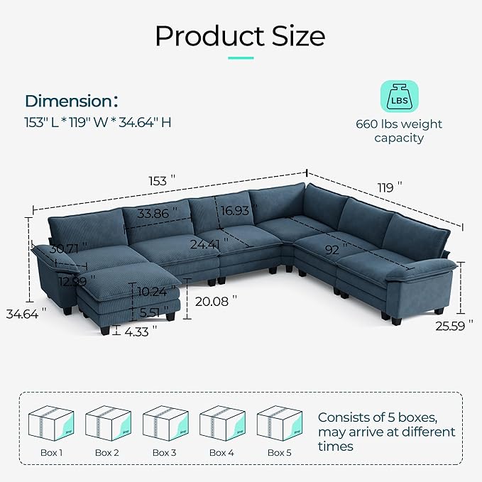 LINSY HOME Modular Sectional Sofa Couch Corduroy Cloud Couches for Living Room, U-Shaped Cloud Couch Sectional Sofas for Bedroom and Apartment, Blue