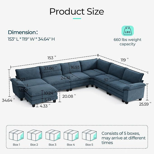 LINSY HOME Modular Sectional Sofa Couch Corduroy Cloud Couches for Living Room, U-Shaped Cloud Couch Sectional Sofas for Bedroom and Apartment, Blue