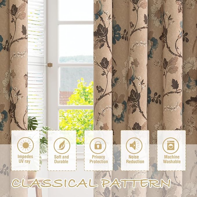 H.VERSAILTEX Blackout Curtains for Bedroom/Living Room Thermal Insulated Printed Curtain Drapes 84 Inches Long Energy Efficient Room Darkening Curtains Pair (2 Panels), Vintage Floral Brown & Blue