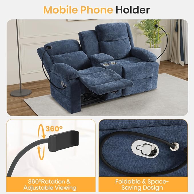 Loveseat Recliner Sofa, Reclining Loveseat with Console, RV Wall Hugger Double Loveseat Recliner Couch for Living Room & Home Theater (Blue)