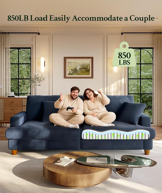 Welzona 87.2" Couches for Living Room, Comfy Blue Couch 7.5" Extra Thick Cushion, Sofas for Living Room Tool-Free Setup, Loveseat Sofa 848lbs Support, Corduroy Couch for Bedroom, Apartment, Office