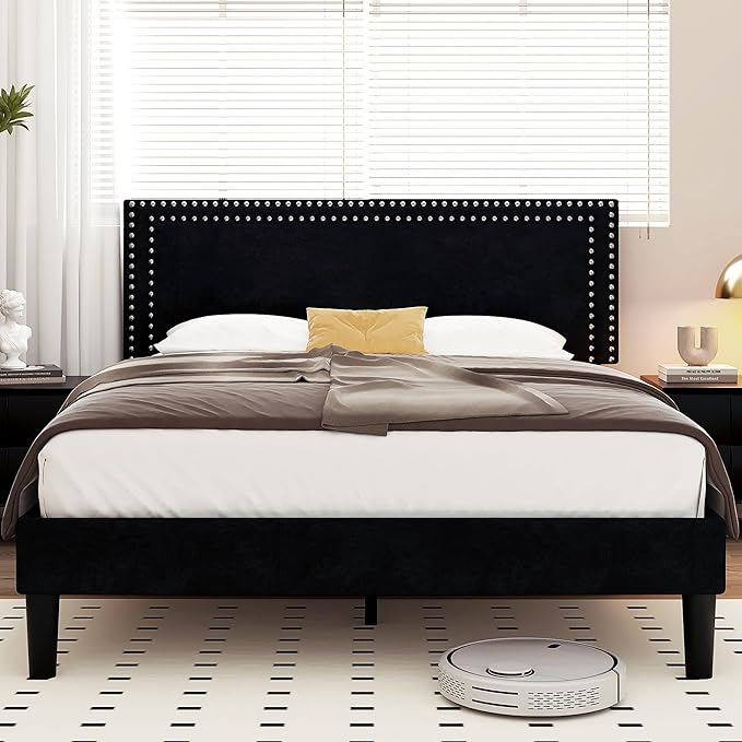 VECELO Full Size Bed Frame with Adjustable Upholstered Headboard, Wooden Slats Platform, Noise-Free Design, Easy Assembly