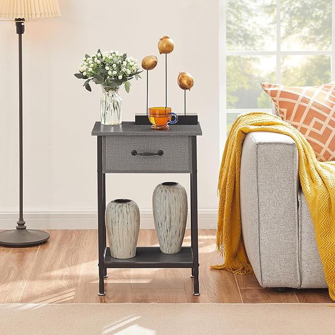 VECELO Nightstands, Industrial Side Table/End Tables with Drawer and Storage Shelf, Night Stands for Bedroom, Living Room, Wood Metal Furniture, Easy Assembly,Hemp Gray,1 Set