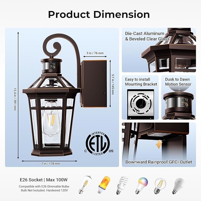 Motion Sensor Porch Light with GFCI Outlet, Oil Rubbed Bronze Outdoor Light Fixture with Outlet, Anti-Rust Exterior Wall Light Lantern, Waterproof Outdoor Sconces Wall Lighting for Garage, Home