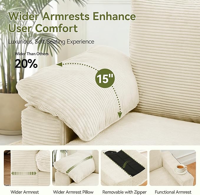 86" Loveseat Sofa Beige Corduroy Couch,Modern Cloud Sofa Love Seat, Deep Seat Slipcovered Sofa with 2 Wide Armrest Pillows for Small Spaces Apartment Studio Office Bedroom Living Room