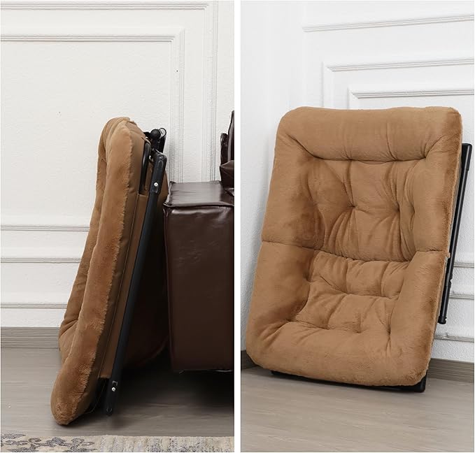 Comfy Saucer Chair for Adults, Soft Faux Fur Bedroom Chair with Ottoman, Accent Dorm Chairs, Living Room Reading Chairs and Footstool, Folding Seat for Teens, X-Large, Brown