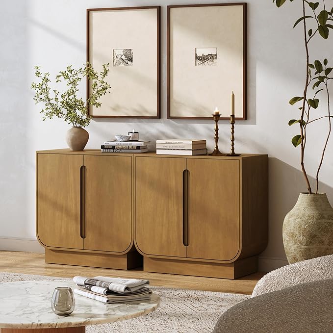 Nathan James Joey Mid Century Modern Storage Cabinet, Arched Accent Cabinet with Rounded Bottom Edges and Integrated Door Pull Cutouts, Light Brown Set of 2