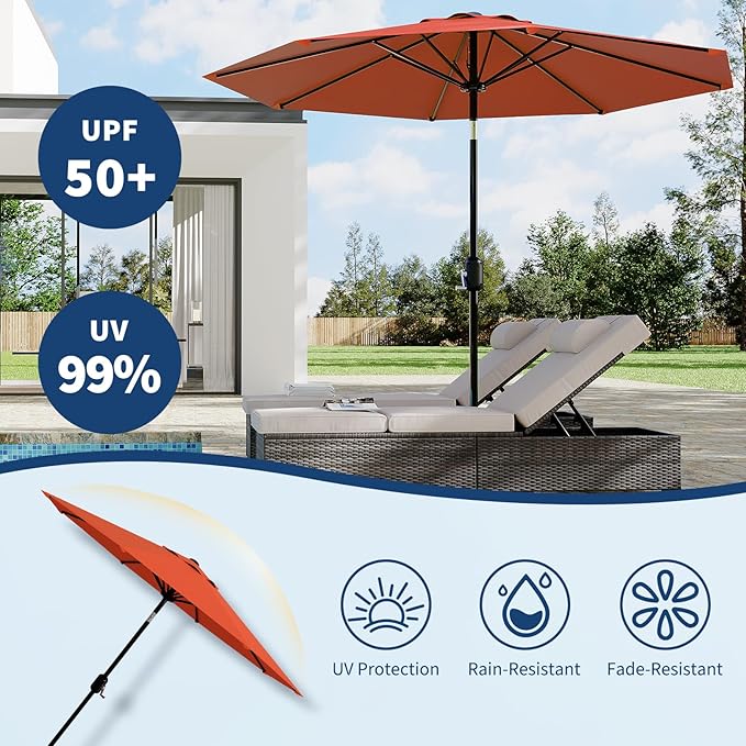 Garvee 10 ft Outdoor Patio Umbrella 8 Sturdy Ribs Outdoor Table Umbrella with Crank Lift & Push Button Tilt - UV Protection Waterproof Market Umbrellas for Pool, Deck, Yard, Garden, Orange