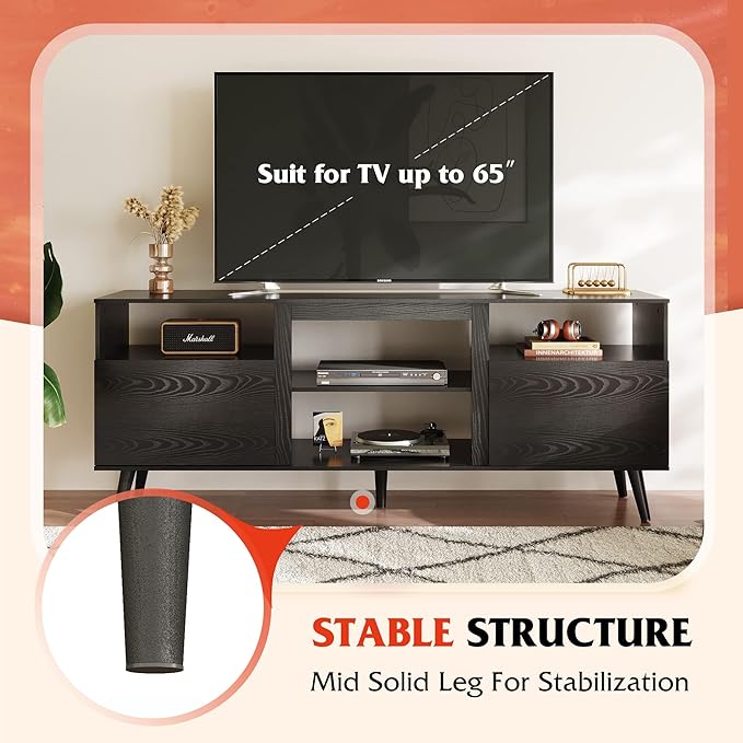WLIVE Mid-Century Modern TV Stand for 55 60 65 Inch TV, Entertainment Center with Extra Open Shelf & Storage Cabinets, Media TV Console for Living Room Bedroom Office, Black