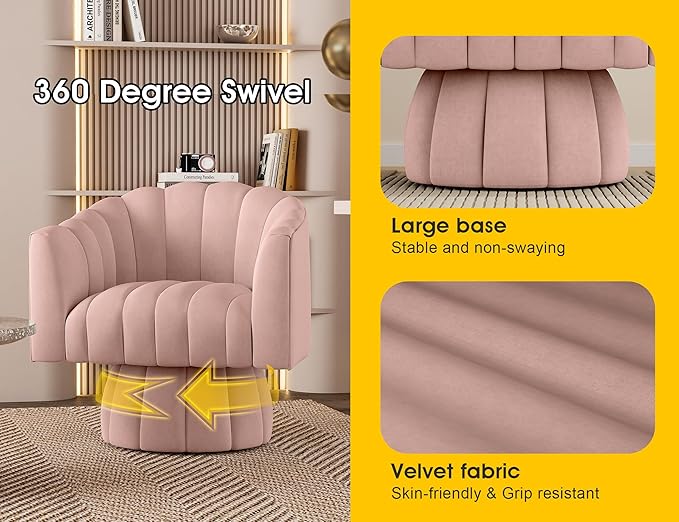Mid Century 360 Degree Swivel Cuddle Barrel Accent Sofa Chairs, Round Armchairs with Wide Upholstered, Fluffy Velvet Fabric Chair for Living Room, Bedroom, Office, Waiting Rooms, (Pink)
