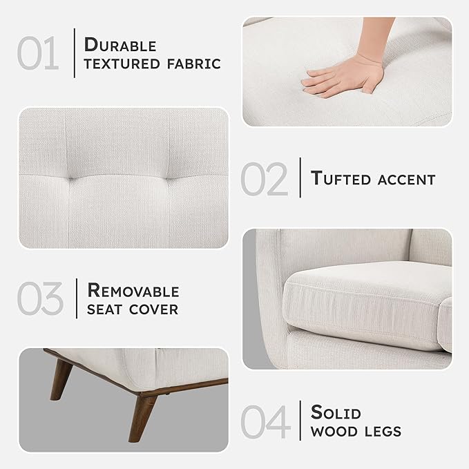Lexicon Modern Accent Couch, Textured Fabric Upholstered Sofa with Brown Wood Legs, Track Arms, Tufted Couch Back, 3 Seater Sofa for Living Room/Office/Waiting Room, Beige