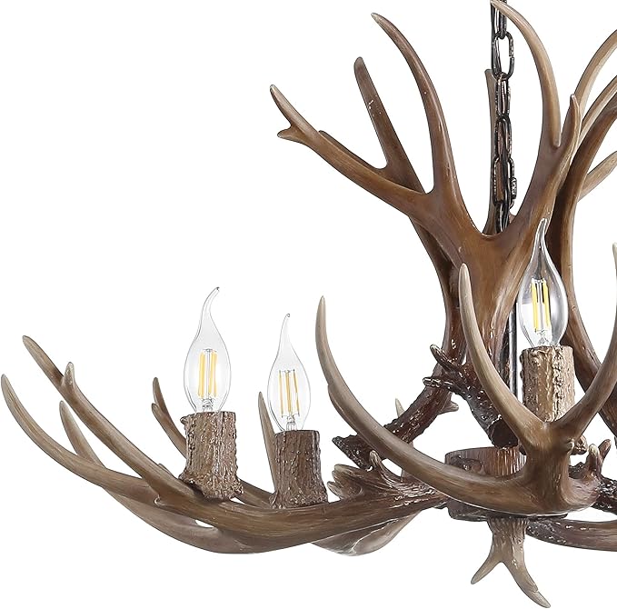 JONATHAN Y 26" Brown Rustic Resin Antler 4-Light LED Chandelier, Farmhouse Faux Deer Horn Hanging Ceiling Light for Dining Room, Kitchen Island, Adjustable Light Fixture (JYL6300A)