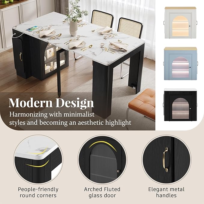 15.6" - 59" Extendable Dining Table, Mobile Kitchen Island with Storage Cabinet, Power Outlet and LED Lights, Space-Saving Dining Table for Small Spaces, Black and Marble White