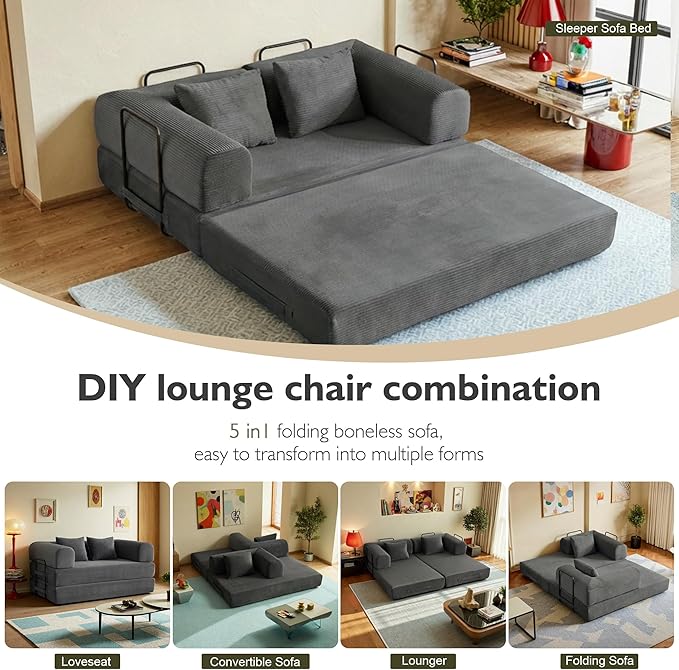 59in Convertible Sofa Bed, Corduroy Boneless Couch Bed, Futon Sleeper Sofa Pull Out Bed, Foldable Couch for Living Room Apartment, No Assembly Required