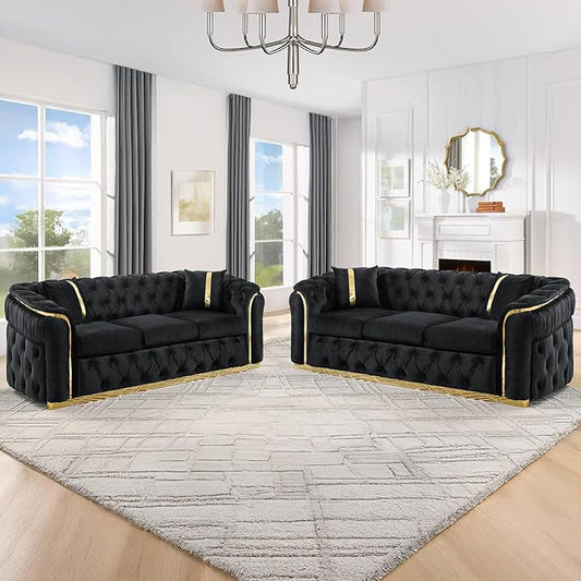 KEIKI 2-Piece Luxury Chesterfield Sofa Set with 2 Oversized Velvet 3-Seater Sofa, Upholstered Modern 6-Seater Button Tufted Couch Set with 4 Pillow, Gold Stainless Decoration, for Living Room, Black