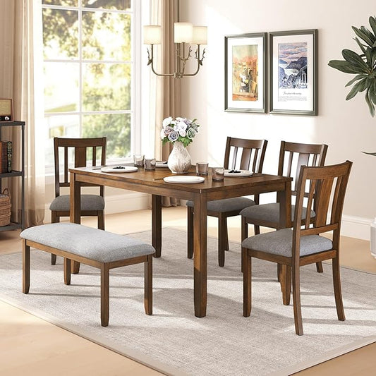 6-Piece Wooden Dining Set - Table & Chairs for 6, Includes Table, 4 Upholstered Chairs & 1 Bench, Walnut