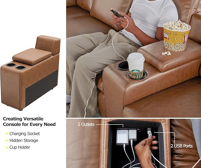 AMERLIFE Dual Power Recliner, Reclining Sectional Couch with Console, Loveseat Anti-Scratch Leathaire Modular Couch with Cup Holder& USB Port, Brown
