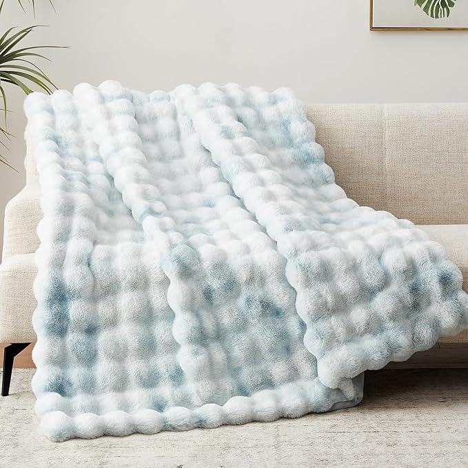 Faux Fur Throw Blanket, 1000GSM Fluffy Soft Bubble Blanket for Couch Bed, Cozy Plush Warm and Thick Rabbit Blanket for Living Room Bedroom 60''*80'' Tie-dye Blue