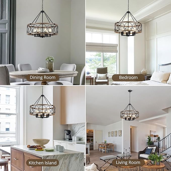 6-Light Farmhouse Chandelier for Dining Room,21'' Black Rustic Industrial Drum Chandeliers Imitation Wood Grain Pendant Light Fixture for Kitchen Island Entryway Foyer Bedroom Hallway,E26 Metal