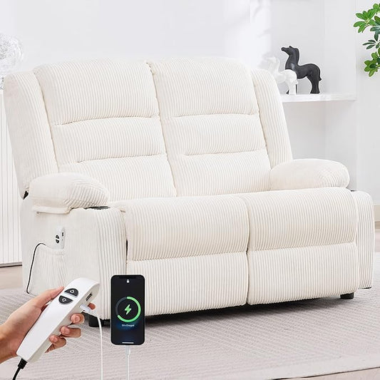 52Inch Power Loveseat Recliner,Electric Reclining Loveseat Sofa,Adjustable Love seat Recliner Sofa for Living Room,Bedroom with Charging Ports (Striped White)