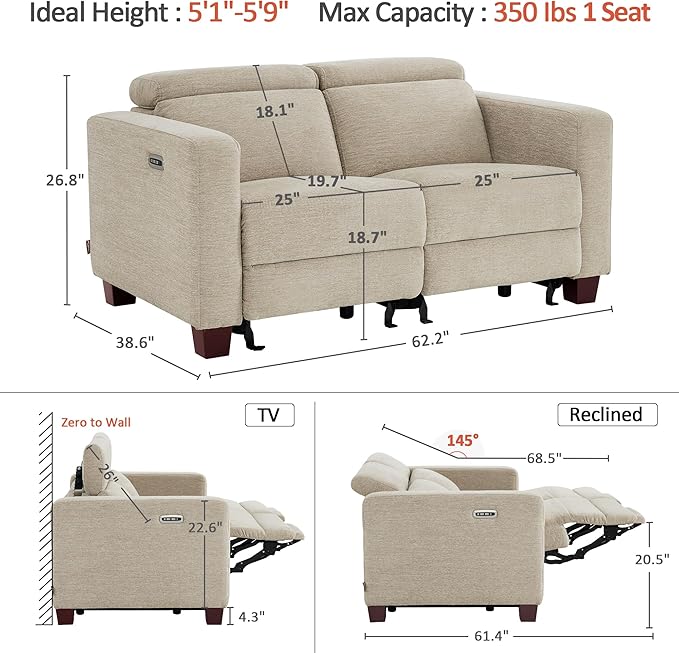 MCombo 62.2'' Reclining Loveseat, Wall Hugger Power Loveseat Recliner Sofa with Adjustable Headrest, USB A & C Charge Ports, Wood Legs, for Living Room (Fabric, HL198M1) (Beige)