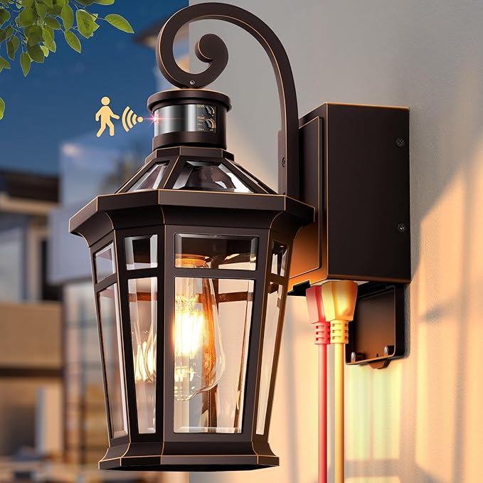 Motion Sensor Porch Light with GFCI Outlet, Oil Rubbed Bronze Outdoor Light Fixture with Outlet, Anti-Rust Exterior Wall Light Lantern, Waterproof Outdoor Sconces Wall Lighting for Garage, Home
