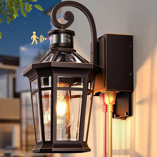 Motion Sensor Porch Light with GFCI Outlet, Oil Rubbed Bronze Outdoor Light Fixture with Outlet, Anti-Rust Exterior Wall Light Lantern, Waterproof Outdoor Sconces Wall Lighting for Garage, Home