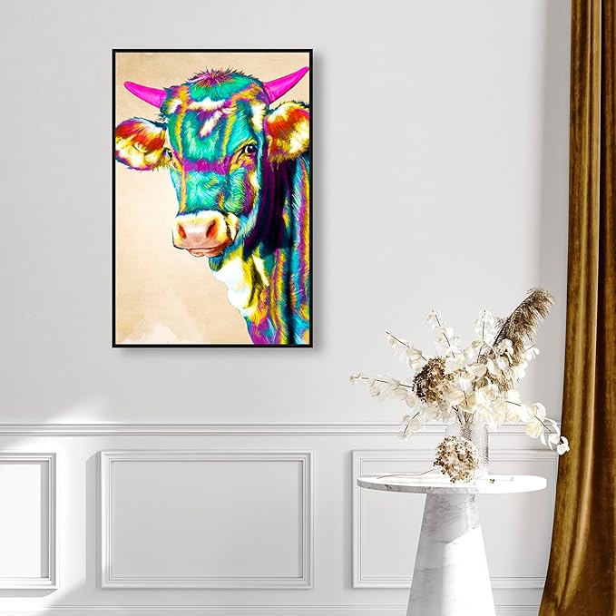 Country Farmhouse Canvas Print Painting Animal Wall Art 'Fun Colorful Glam Farm Cow' Black Framed Canvas Rustic Home Décor 24x36 in Green, Pink by Oliver Gal