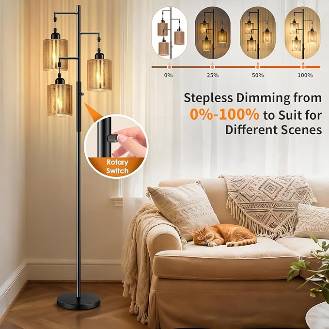Hotsonic 72" Rattan Boho Floor Lamp, Tall Dimmable Standing Lamp with Handcrafted Brown Shade, Industrial Tree Floor Lamps for Living Room, Bedroom, Study Room, Office (3 x 800LM Bulbs Included)-Black
