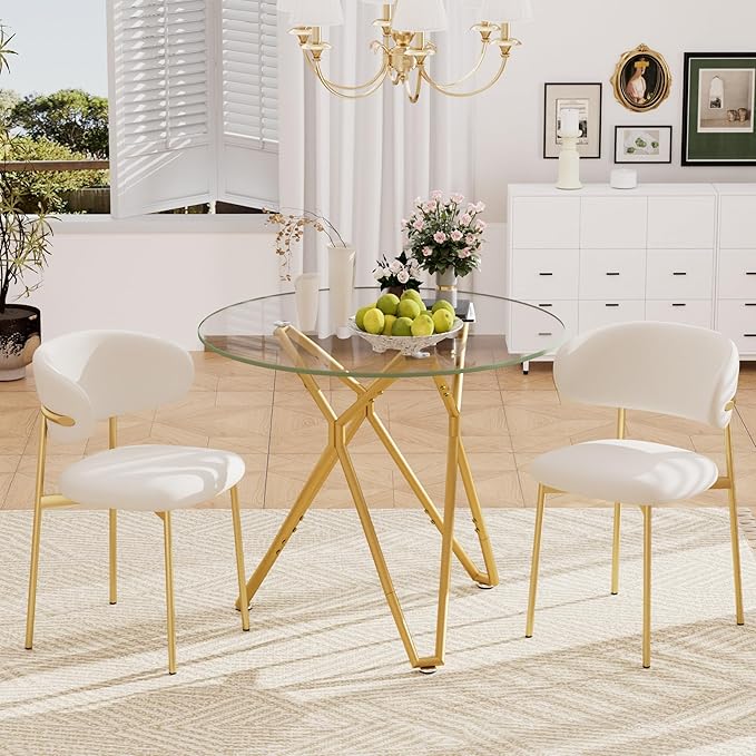 KEIKI 35.4-inch Round Tempered Glass Dining Table, Suitable for 1-4 People, Space-Saving Small Kitchen Dining Table, Equipped with Sturdy Metal Table Legs, Suitable for Dining Room, Living Room, Gold