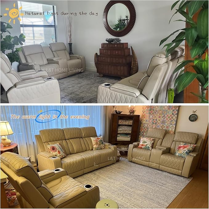 Leather Power Recliner Sofa Set with LED, Living Room Furniture Set, Leather Sofa Set with USB Port Storage Console Cup Holder for Office Living Room Home (Khaki)