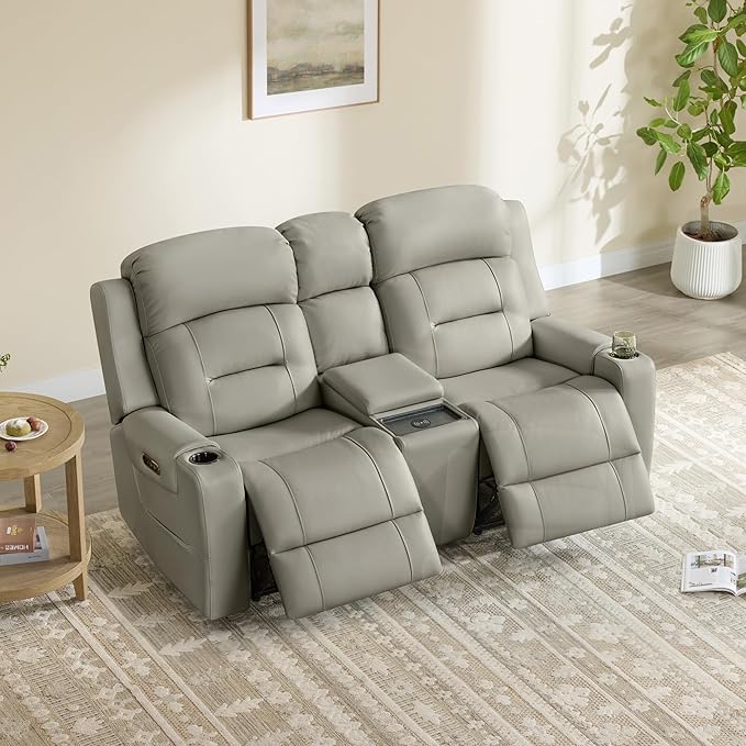 Watson & Whitely Genuine Leather Power Loveseat Recliner Sofa, Lay Flat Reclining Sofa with Console, Power Headrest, Cup Holders & Wireless Charging, Dual Recliner for Living Room, Grey