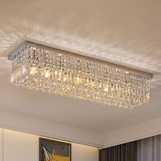 7PM Chandeliers for Dining Room, Crystal Ceiling Light Rectangle Crystal Chandelier Flush Mount for Living Room 40"x10"x10"
