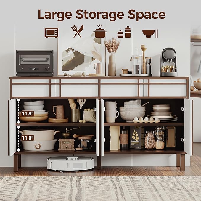 58" Sideboard Buffet Cabinet with Storage, 4 Doors and 3 Drawers, Adjustable Shelves, Wooden Mid Century Coffee Bar Cabinet for Kitchen, Living Room, Entryway, Walnut/White