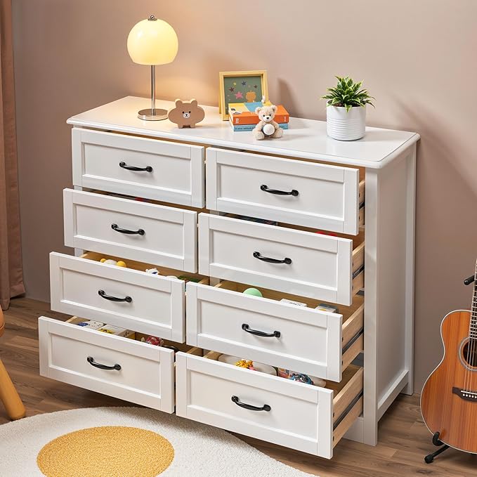 Gizoon 8 Drawer Dresser for Bedroom，Larger Chest of Drawers with Mental Handle for Kids Room, White Dresser with 8 Storage Drawers for Living Room, Entryway and Hallway, White